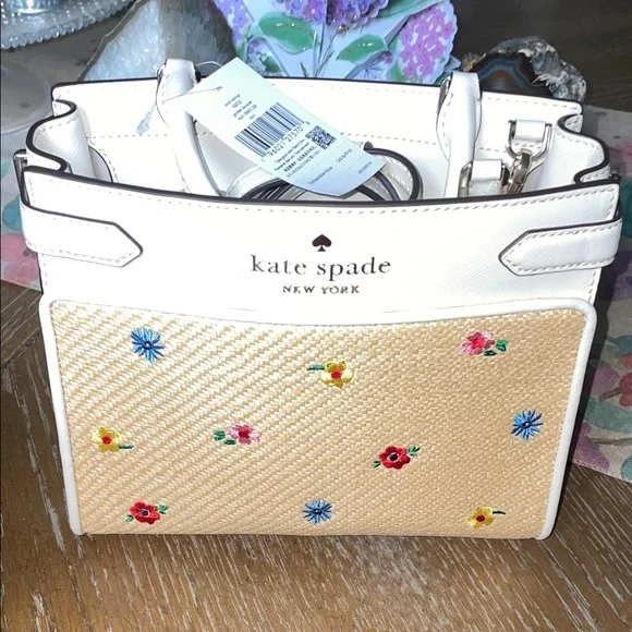 NWT Kate Spade White and Tan Floral Satchel - Picture 2 of 10